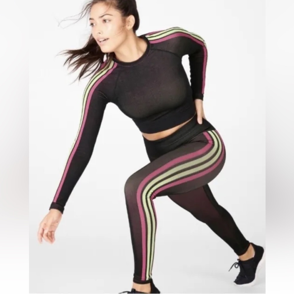FABLETICS Aisley High-Waisted Seamless Pink Stripe Multi Leggings & Long Sleeve